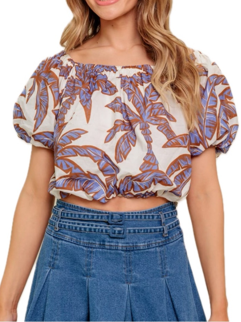 FLYING TOMATO Puff Sleeve Cotton Woven Top Size L White Blue
